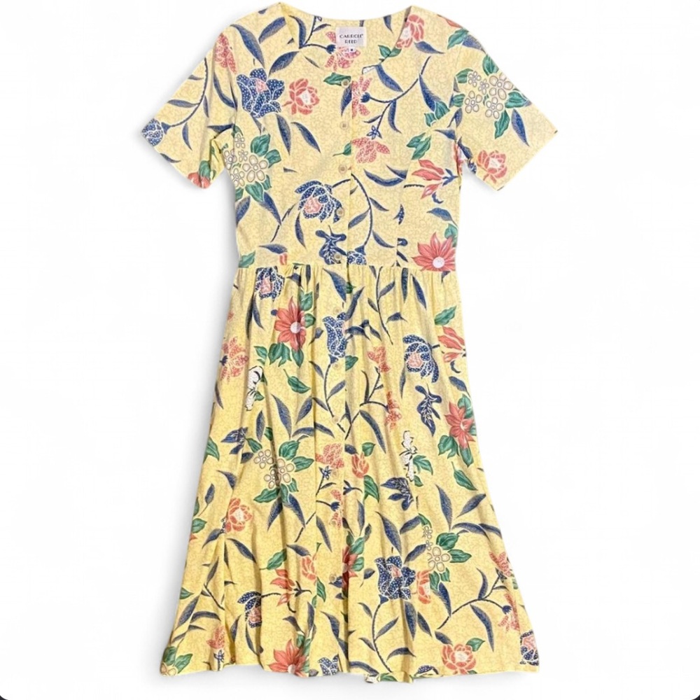 Caroll Reed vintage 90s short-sleeve tropical grunge yellow midi dress EUC